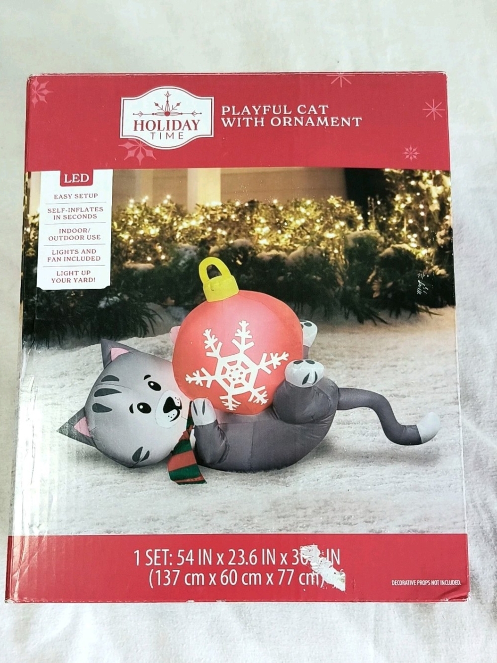 Holiday Time Playful Cat With Ornament Christmas Inflatable 4.5 Ft LED Lighted